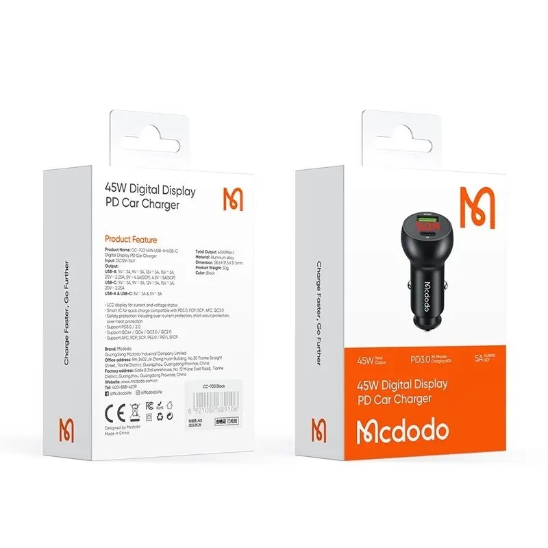 MCDODO CC-7030 45w 1xtype-c 1xusb Girişli Dijital Göstergeli Araç Çakmak Şarjı - Siyah - Görsel 10