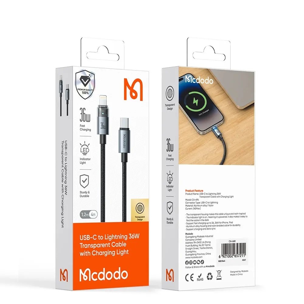 MCDODO CA-6940 Type-C To Lightning  36W Işıklı Transparan Kablo Siyah 1.2m - Görsel 5